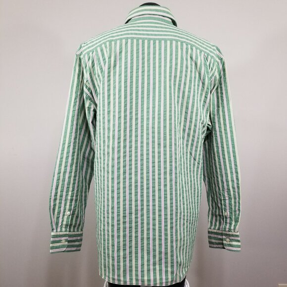 New 7 For All Mankind Pink Green Striped Crinkle Cotton Button Down Preppy XL - Picture 4 of 14